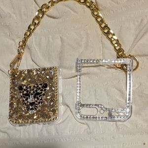 Gold and Clear Rhinestone Phone Case with Chain For Zflip Phone